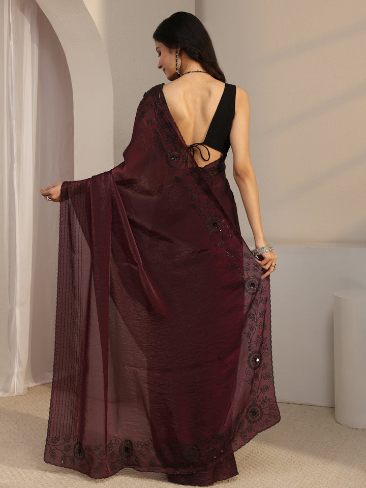Libas Burgundy Embellished Tissue Saree With Unstiched Blouse Piece