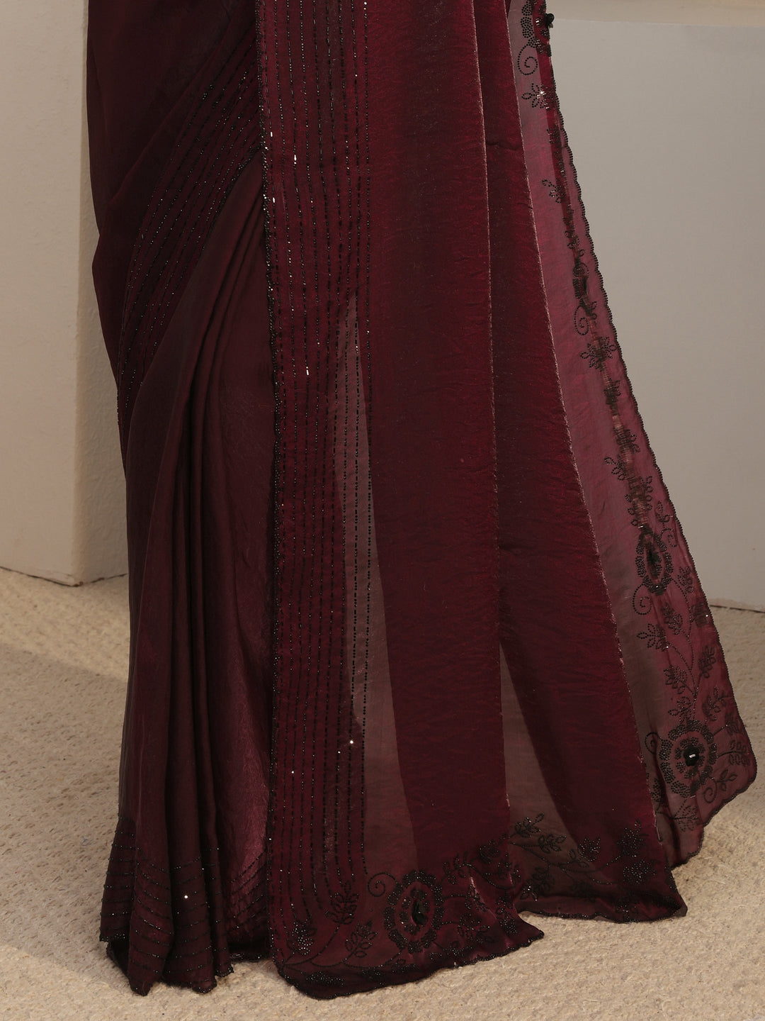 Libas Burgundy Embellished Tissue Saree With Unstiched Blouse Piece