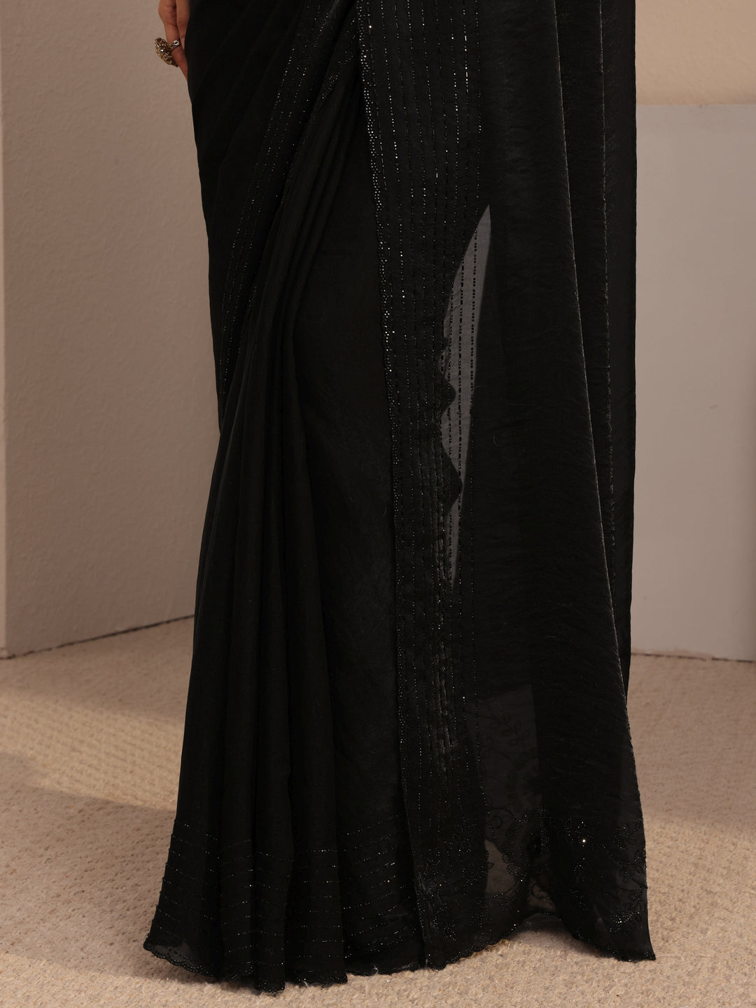 Libas Black Embellished Tissue Saree With Unstiched Blouse Piece