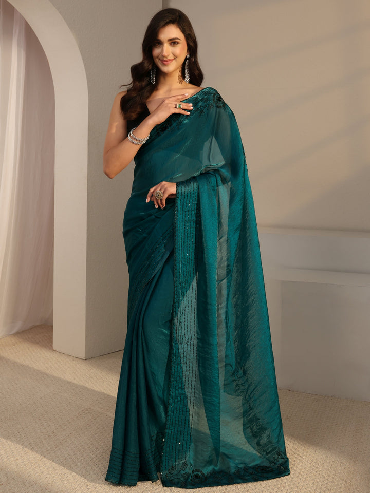 Green Floral Embellished Tissue Saree With Unstitched Blouse Piece