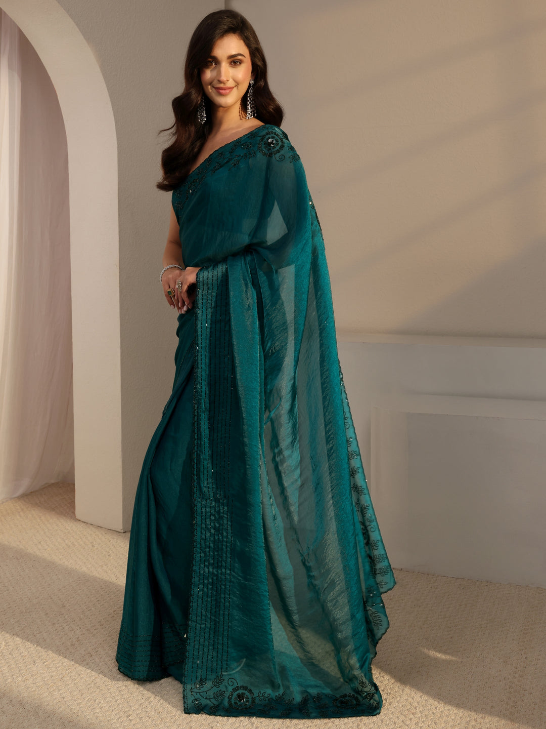 Green Floral Embellished Tissue Saree With Unstitched Blouse Piece