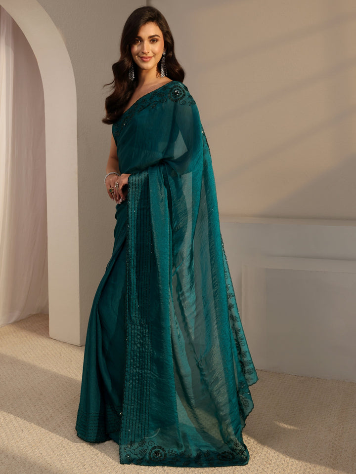 Green Floral Embellished Tissue Saree With Unstitched Blouse Piece