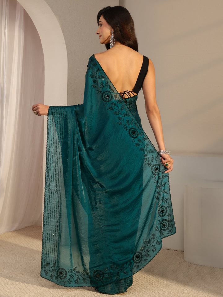 Green Floral Embellished Tissue Saree With Unstitched Blouse Piece