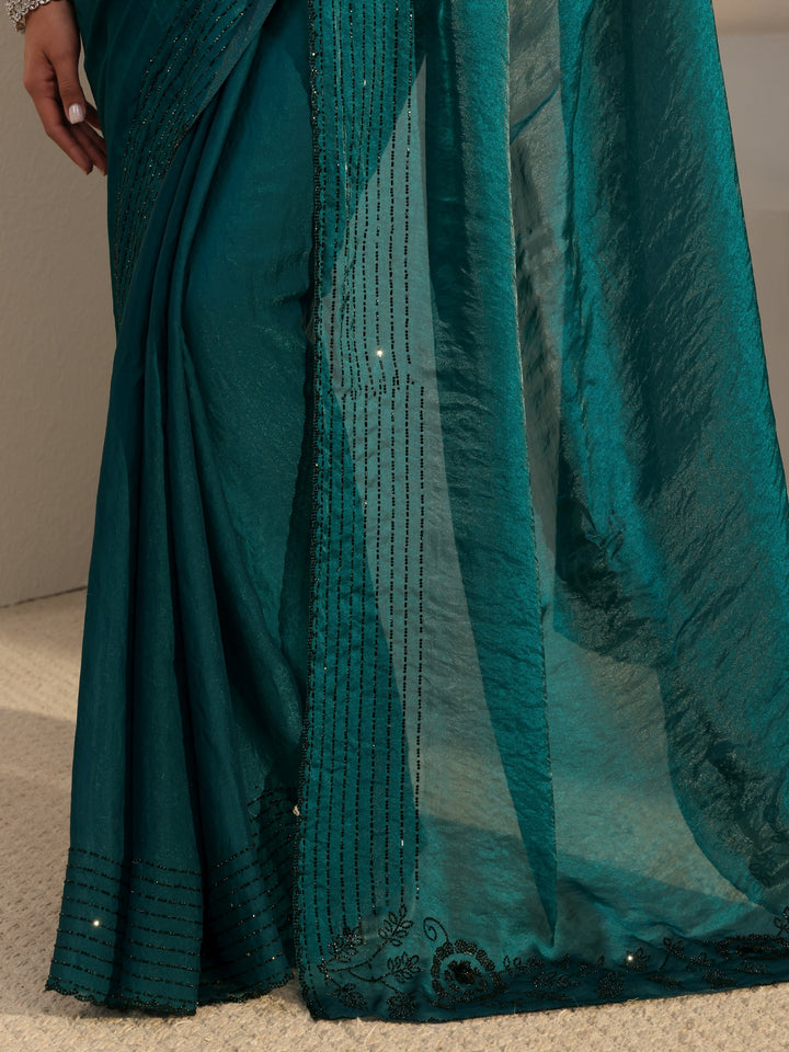 Green Floral Embellished Tissue Saree With Unstitched Blouse Piece