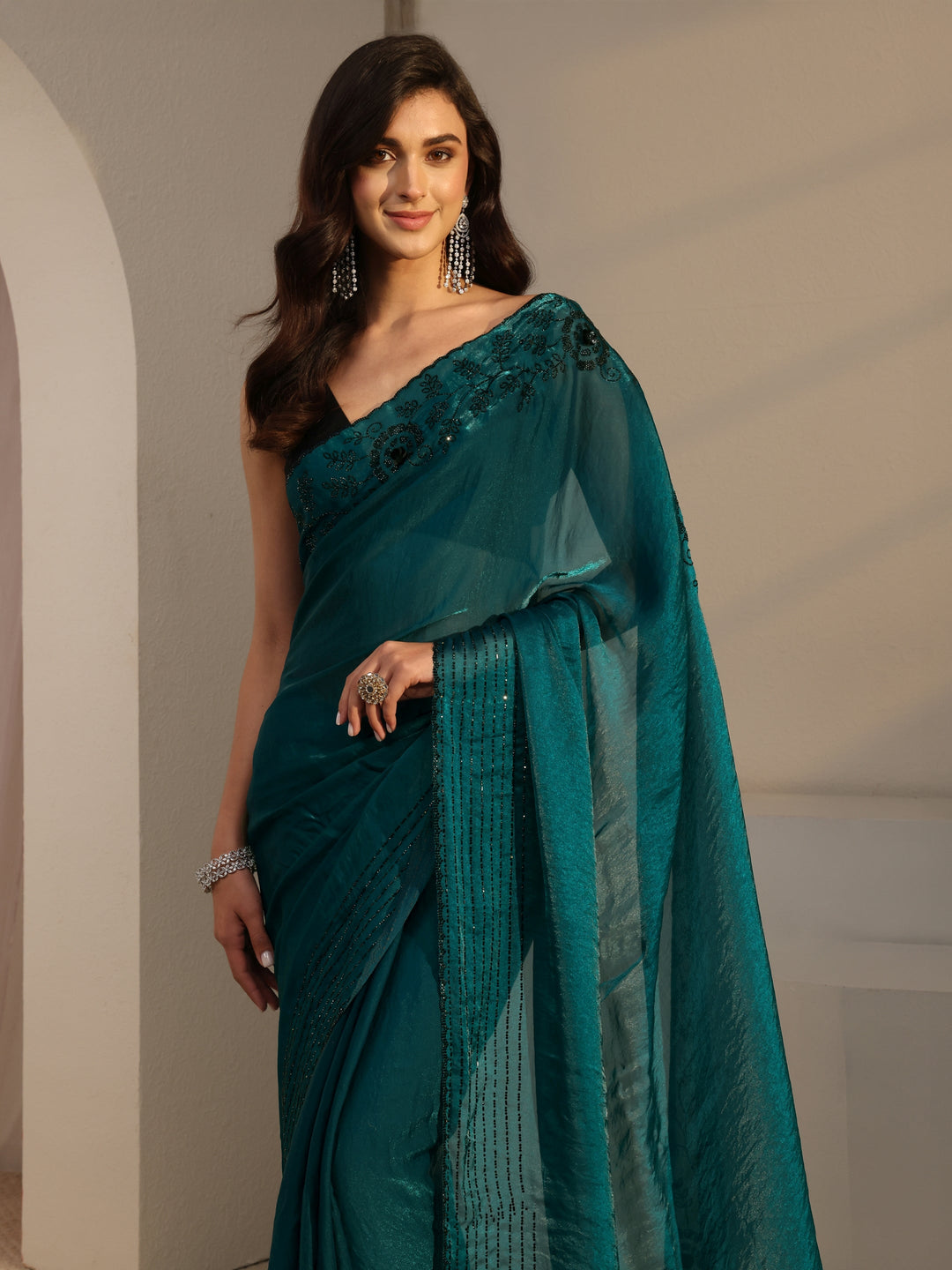 Green Floral Embellished Tissue Saree With Unstitched Blouse Piece