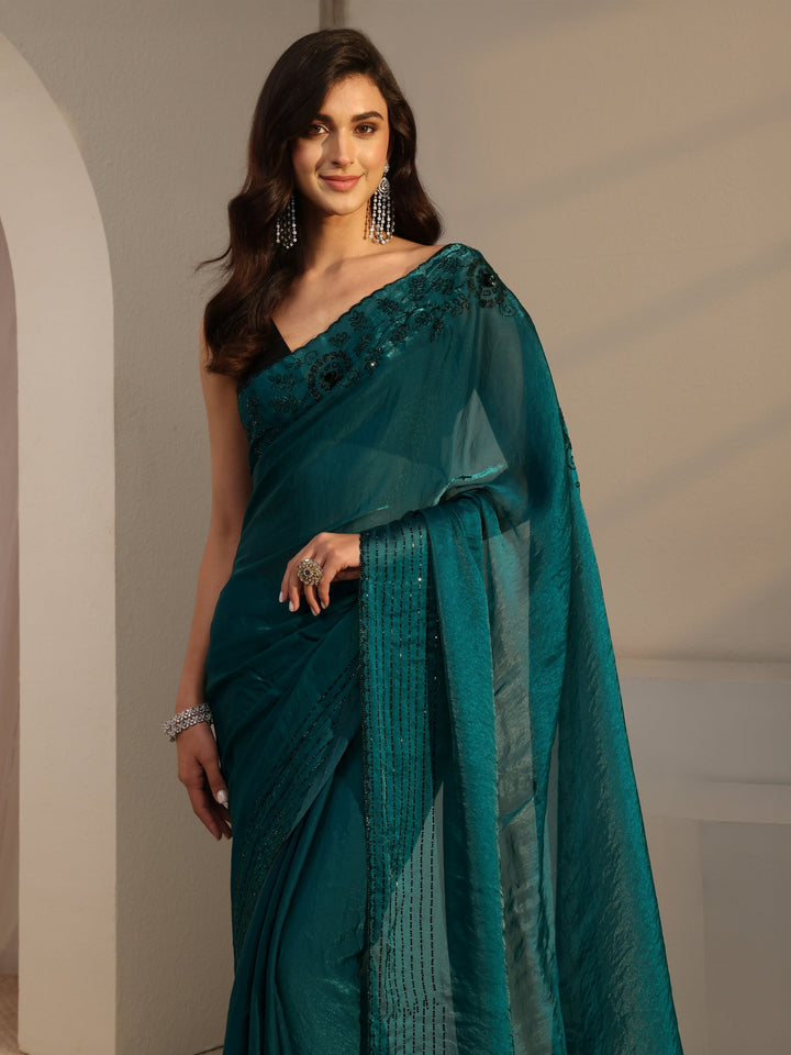 Green Floral Embellished Tissue Saree With Unstitched Blouse Piece