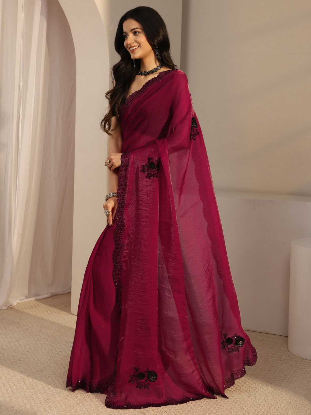 Pink Floral Embellished Organza Saree With Unstitched Blouse Piece