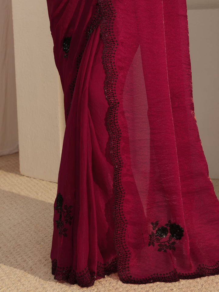 Pink Floral Embellished Organza Saree With Unstitched Blouse Piece