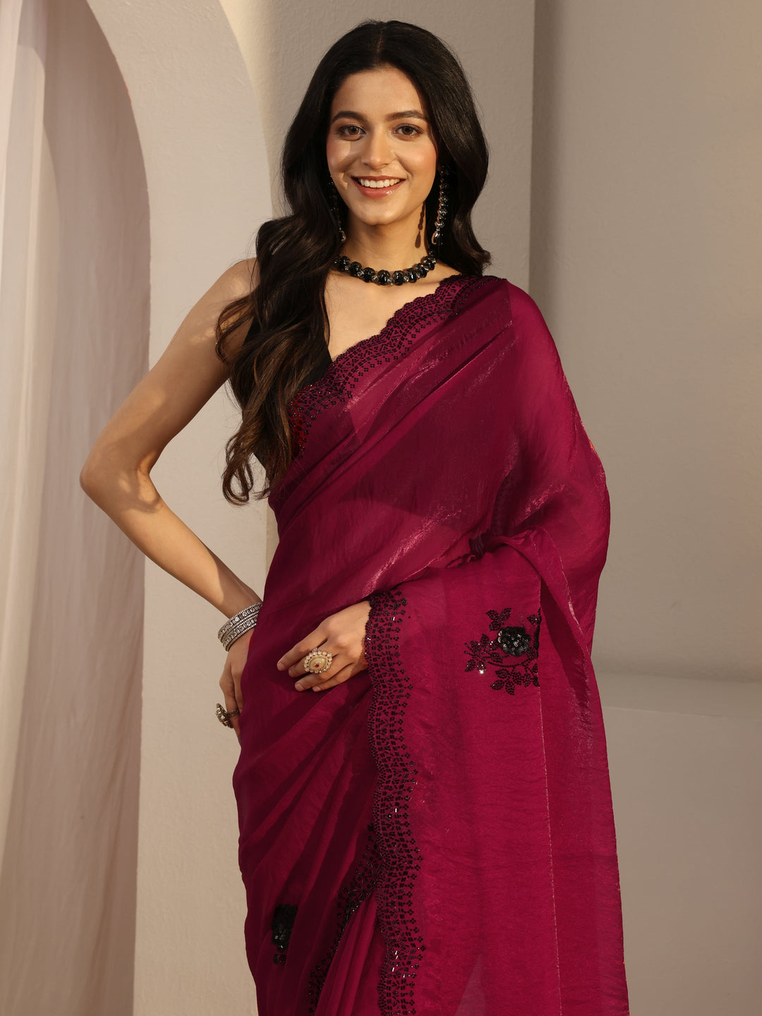 Pink Floral Embellished Organza Saree With Unstitched Blouse Piece