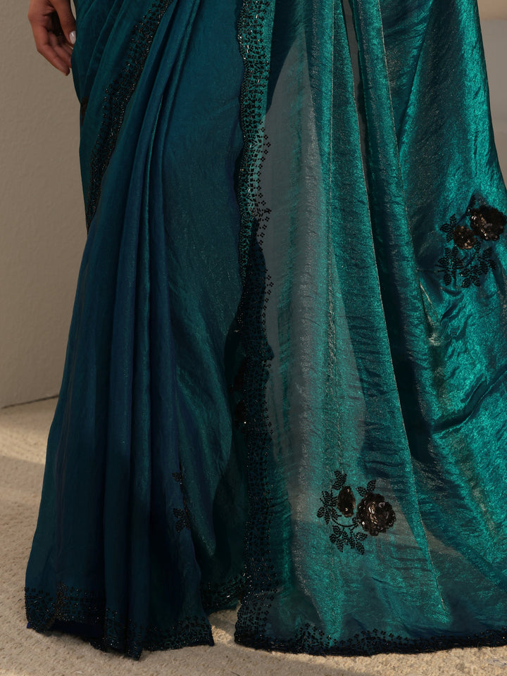 Blue Floral Embellished Organza Saree With Unstitched Blouse Piece