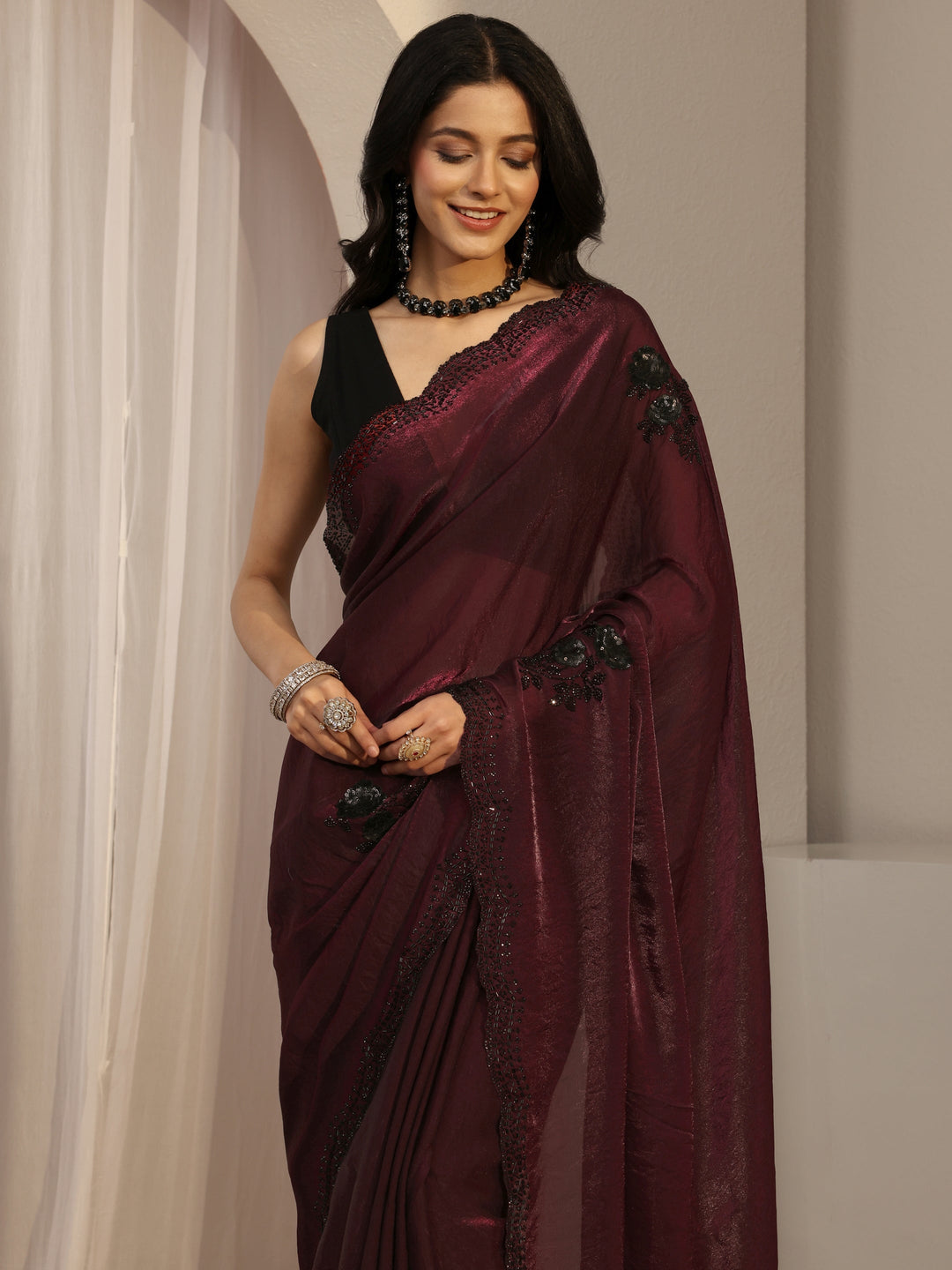 Libas Maroon Floral Embellished Organza Saree With Unstitched Blouse Piece