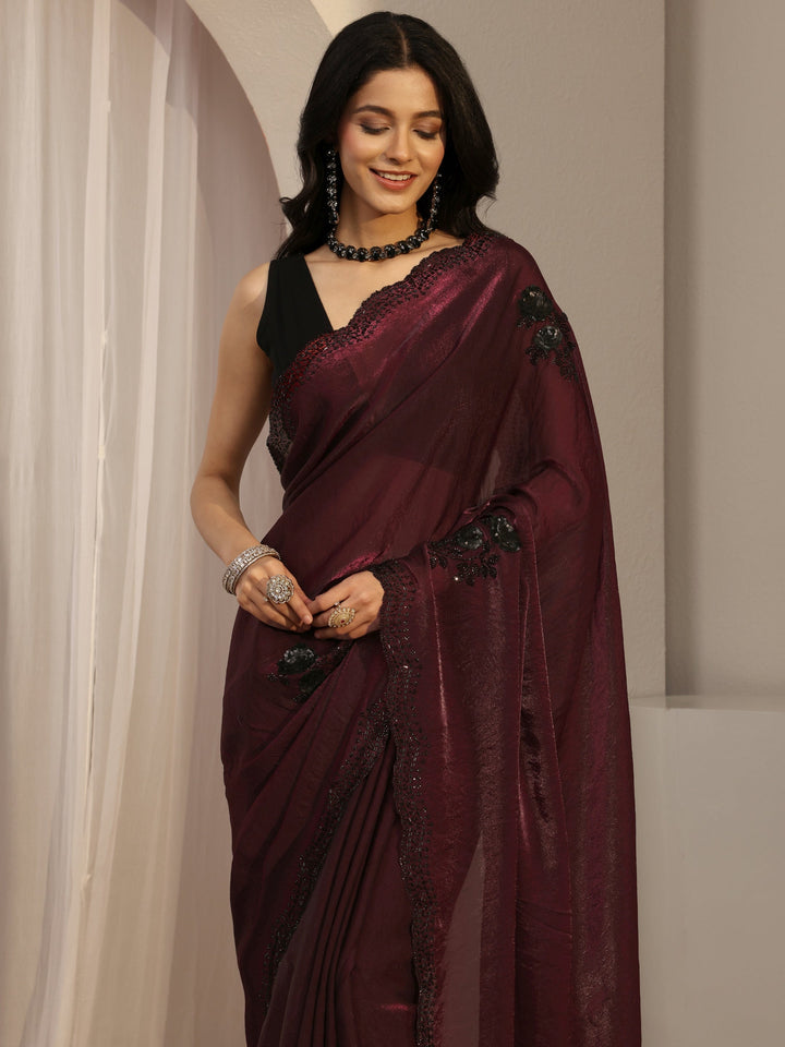 Libas Maroon Floral Embellished Organza Saree With Unstitched Blouse Piece