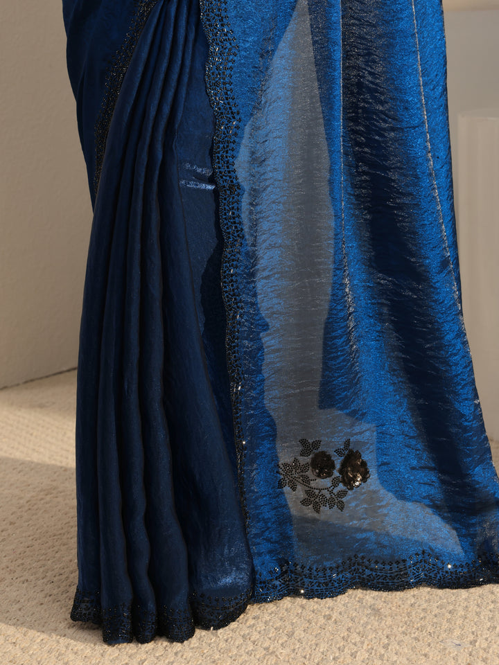 Blue Floral Embellished Organza Saree With Unstitched Blouse Piece