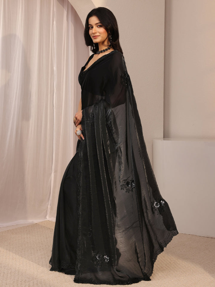 Libas Black Floral Embellished Organza Saree With Unstitched Blouse Piece