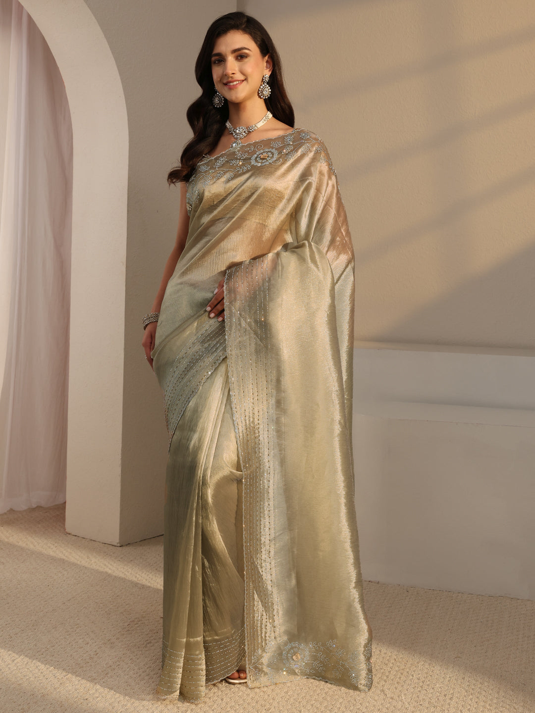 Libas Taupe Embellished Chiffon Saree With Unstitched Blouse Piece