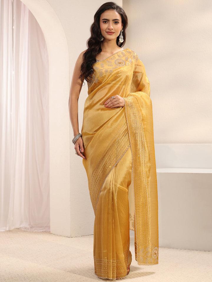 Mustard Embellished Border Chiffon Saree With Unstitched Blouse Piece