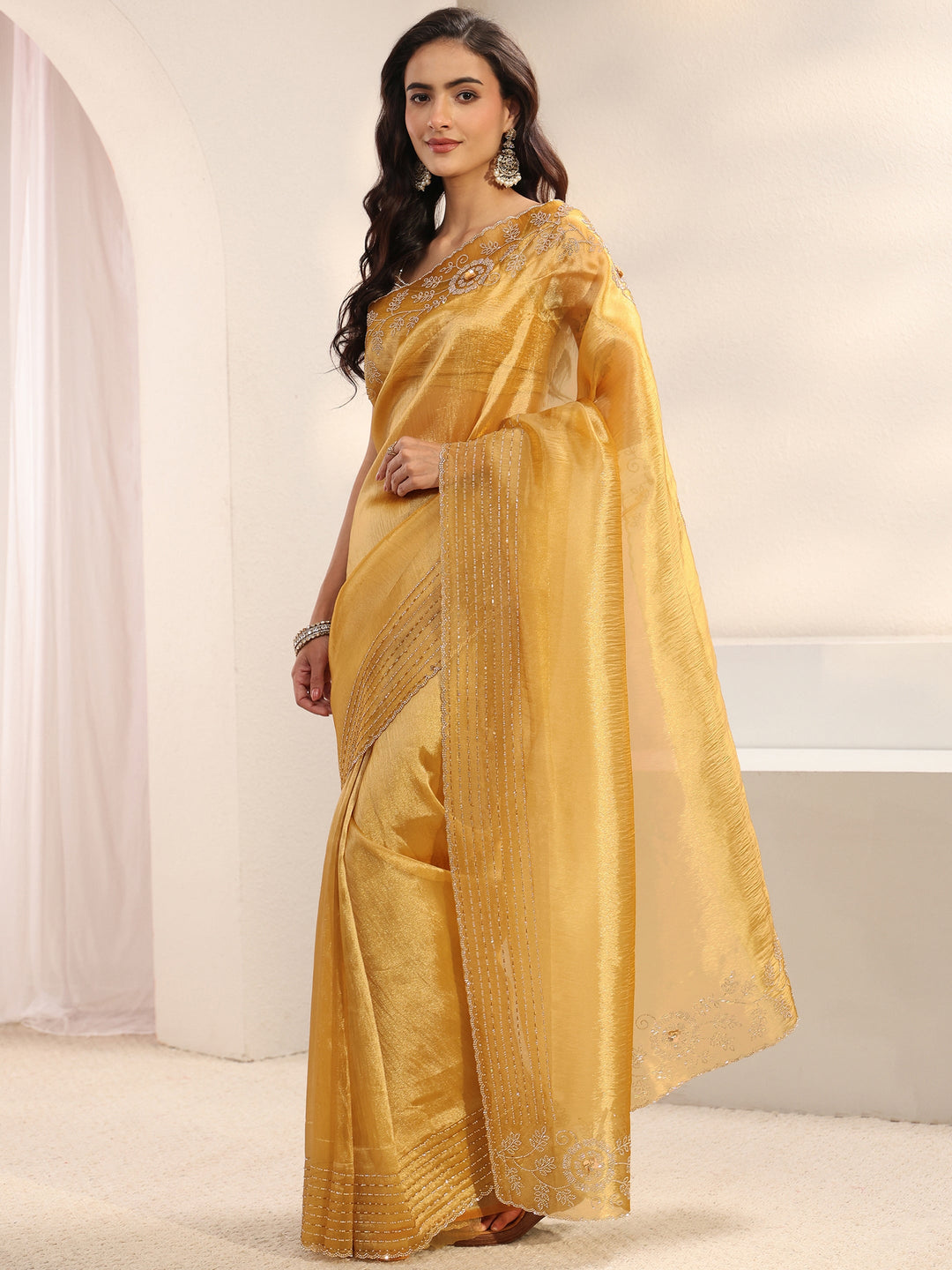 Mustard Embellished Border Chiffon Saree With Unstitched Blouse Piece