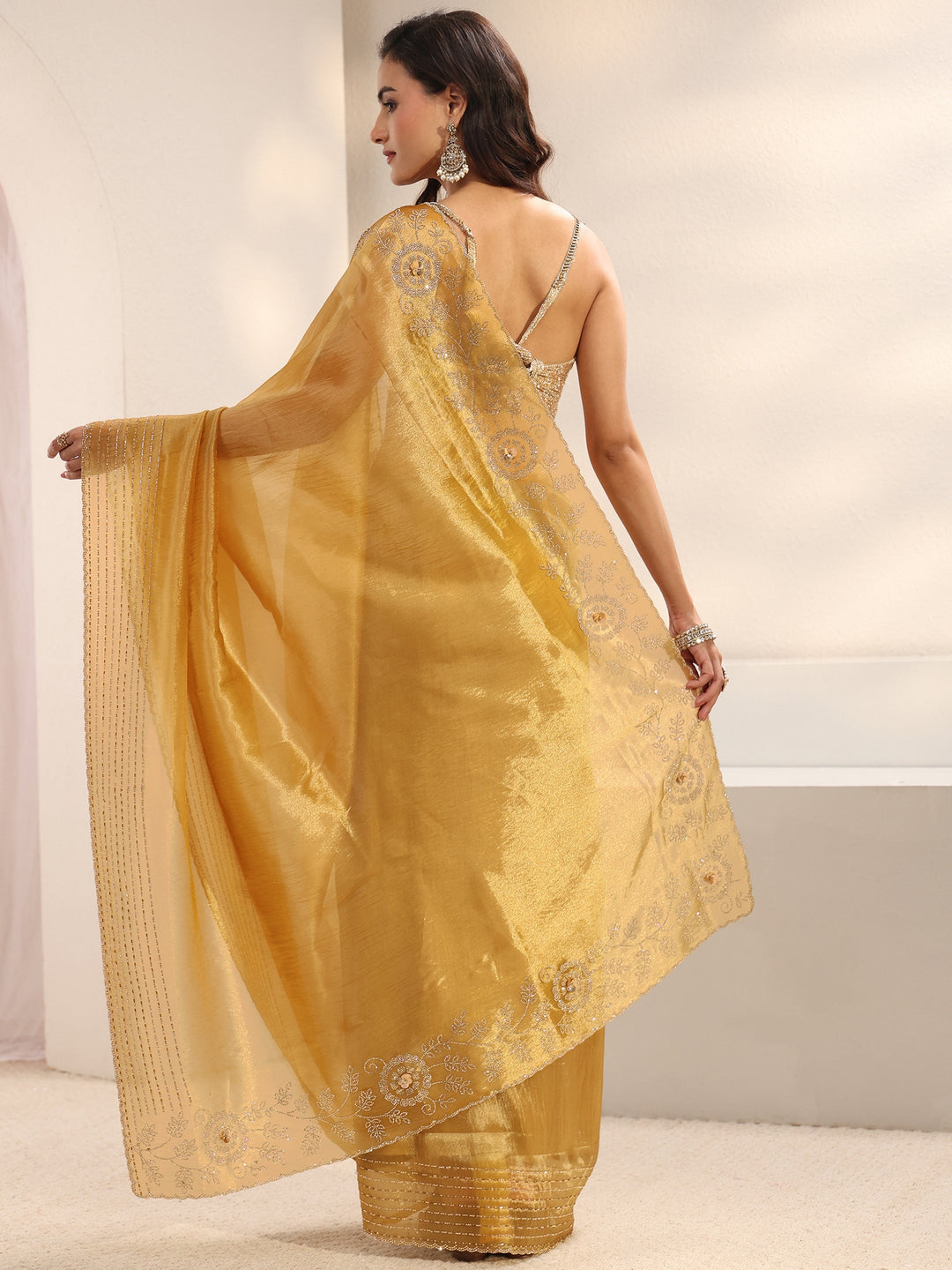 Mustard Embellished Border Chiffon Saree With Unstitched Blouse Piece