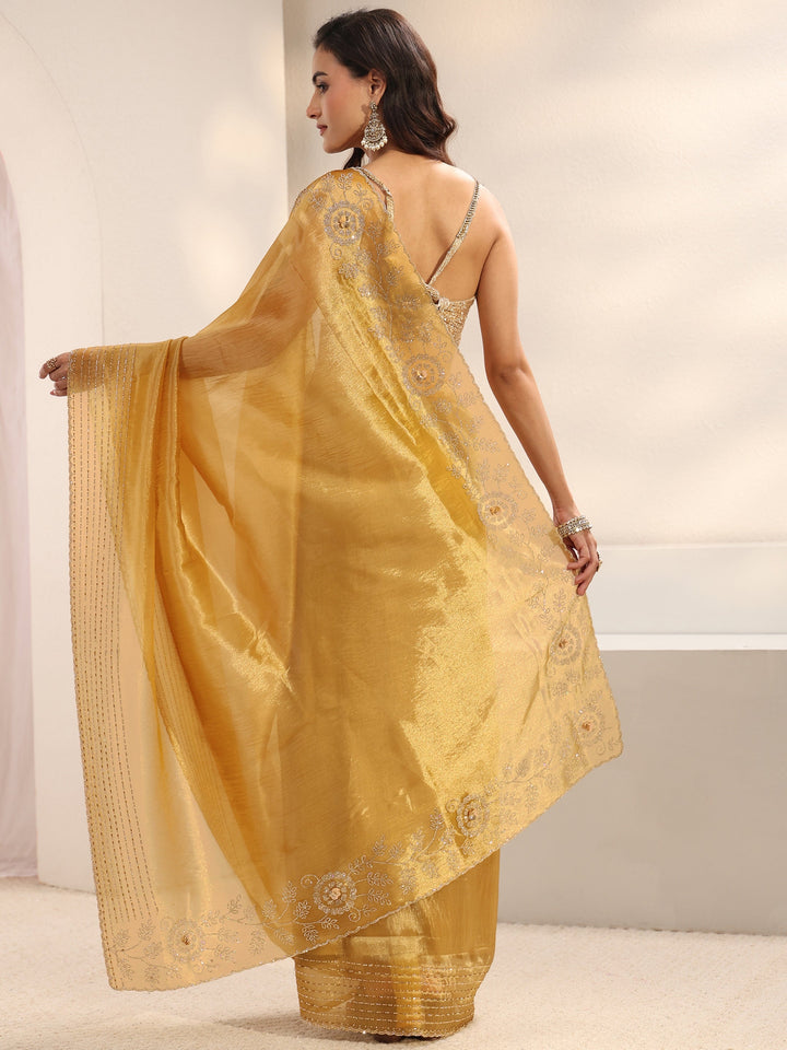 Libas Mustard Embellished Border Chiffon Saree With Unstitched Blouse Piece