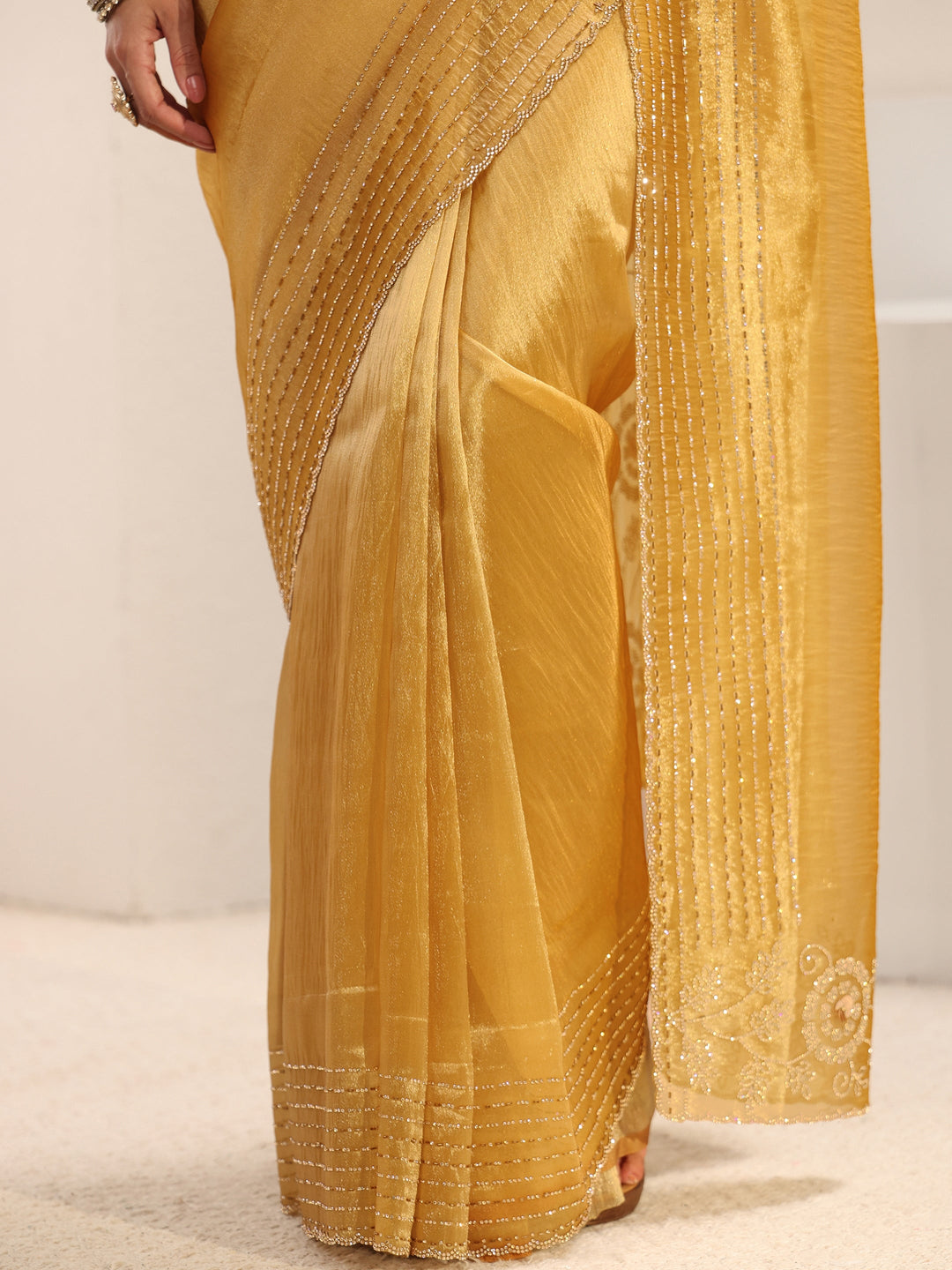 Libas Mustard Embellished Border Chiffon Saree With Unstitched Blouse Piece