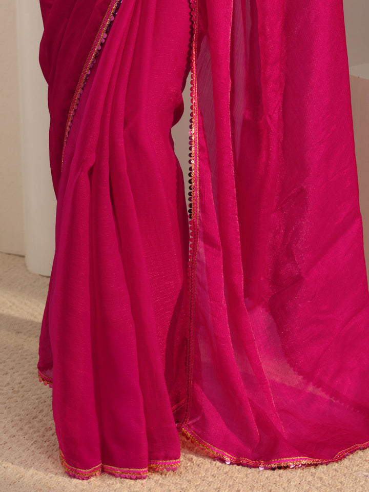 Pink Solid Chiffon Saree With Unstitched Blouse Piece