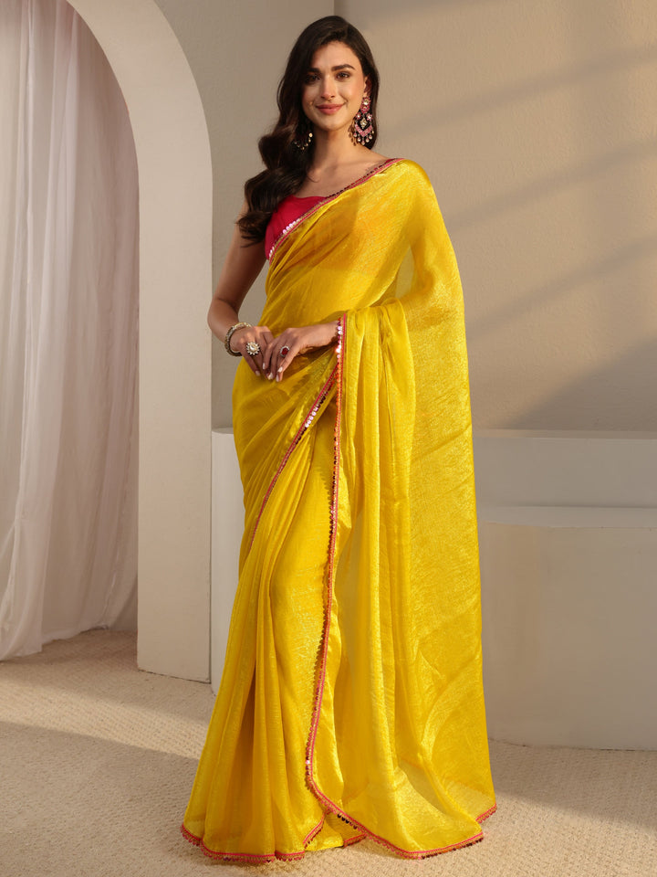 Mustard Solid Chiffon Saree With Unstitched Blouse Piece
