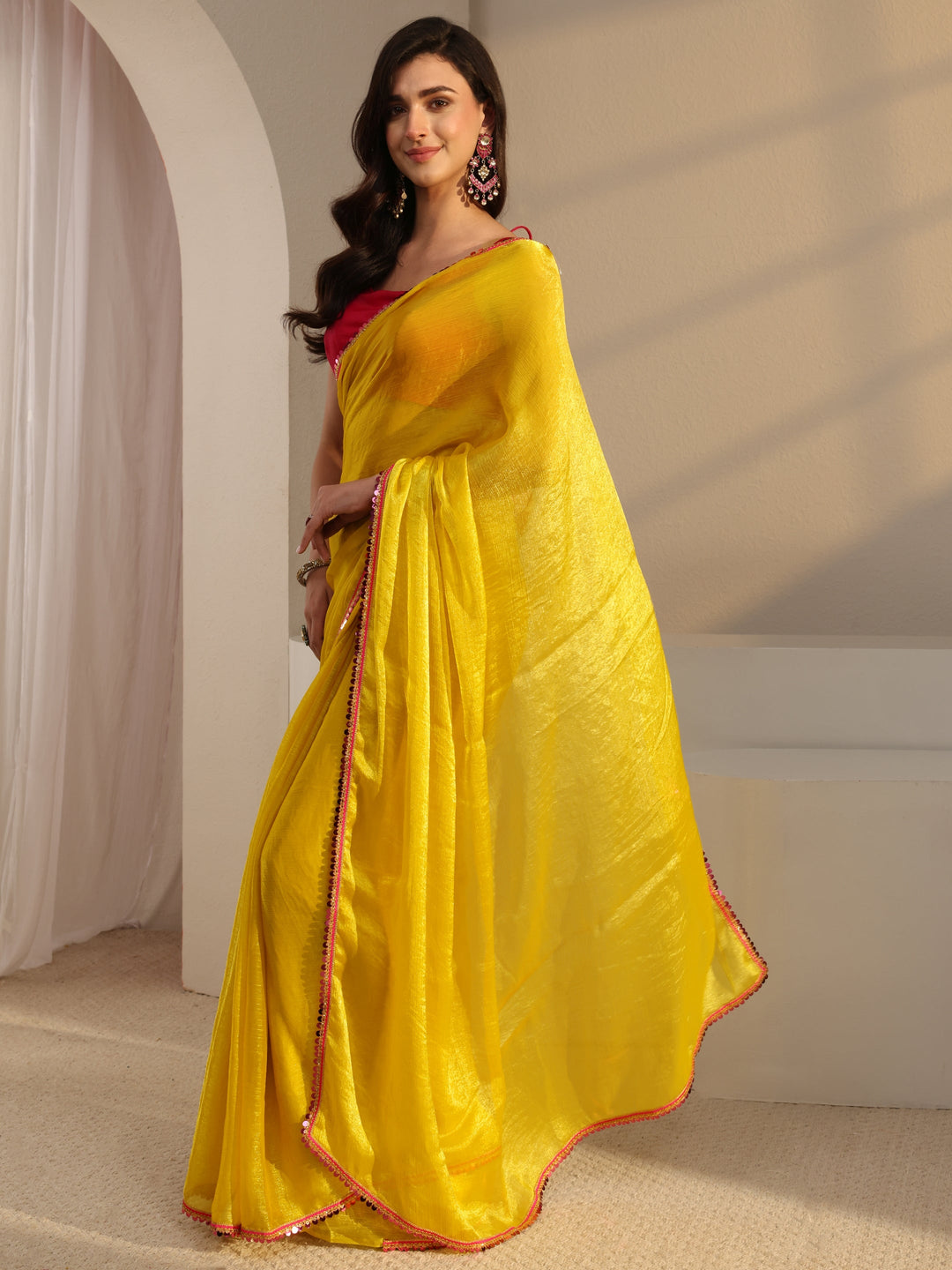 Mustard Solid Chiffon Saree With Unstitched Blouse Piece