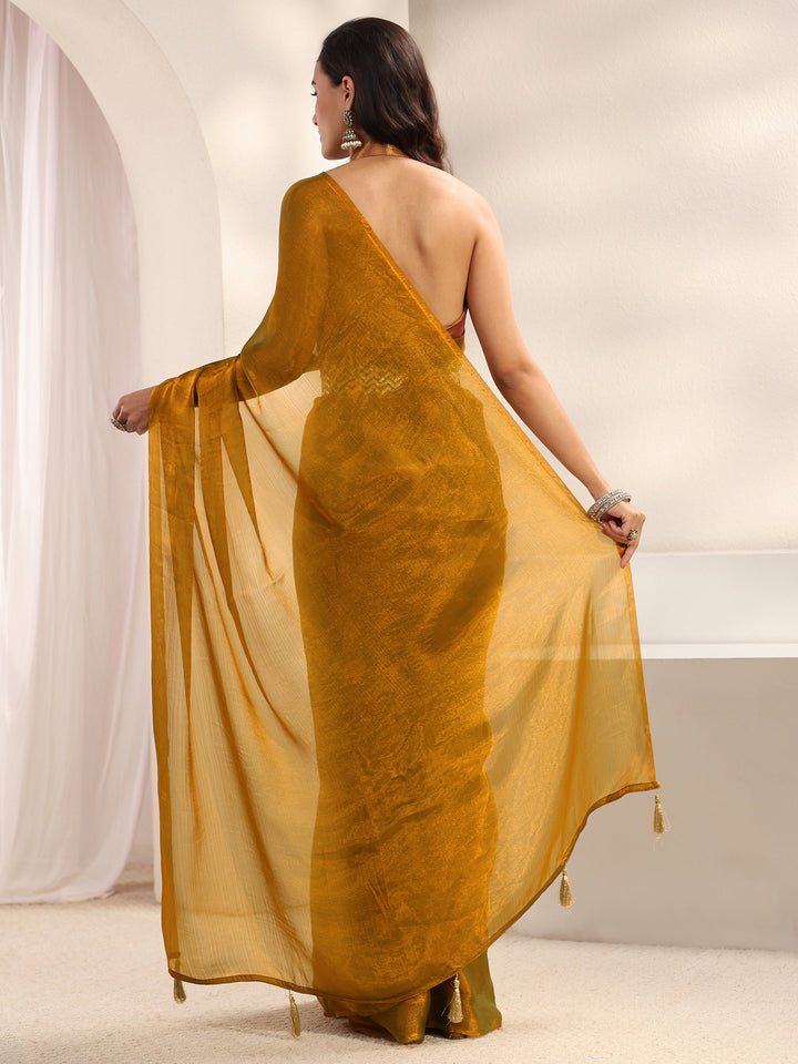 Gold Solid Chiffon Saree With Unstitched Blouse Piece And Waistbelt