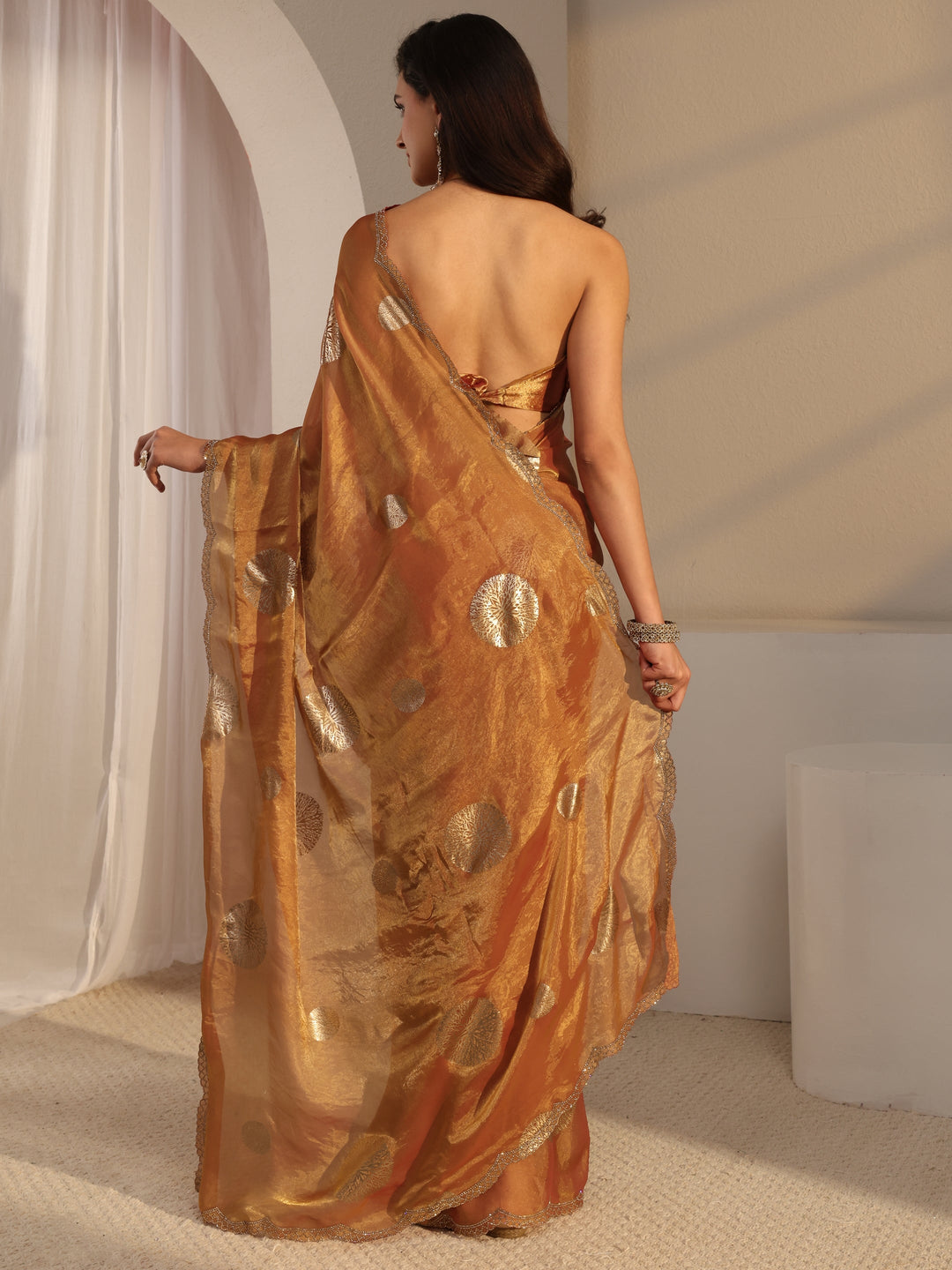 Libas Peach Foil Printed Tissue Saree With Unstitched Blouse Piece