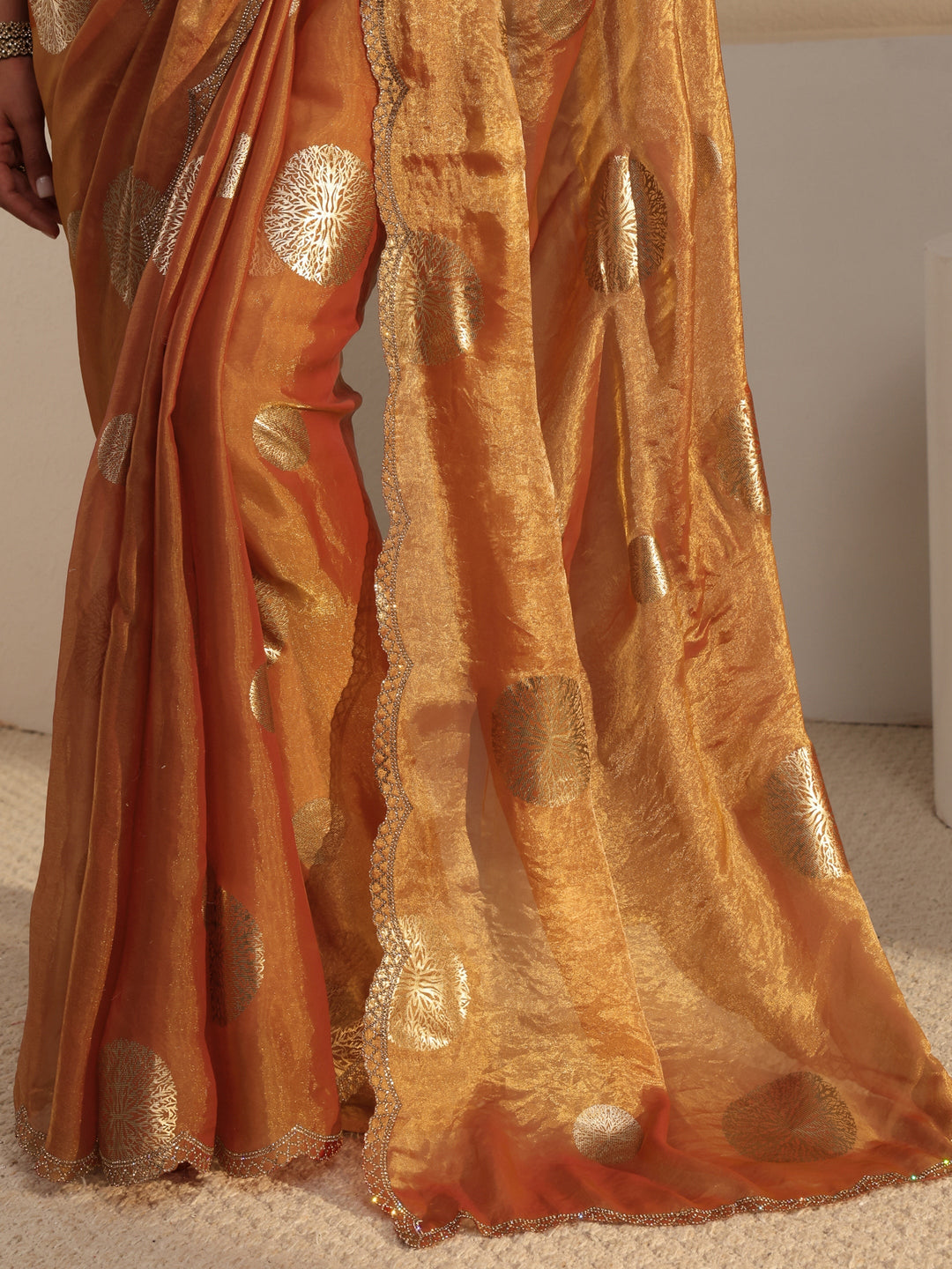 Libas Peach Foil Printed Tissue Saree With Unstitched Blouse Piece