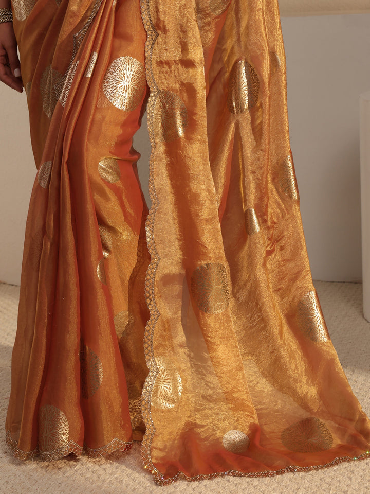 Libas Peach Foil Printed Tissue Saree With Unstitched Blouse Piece