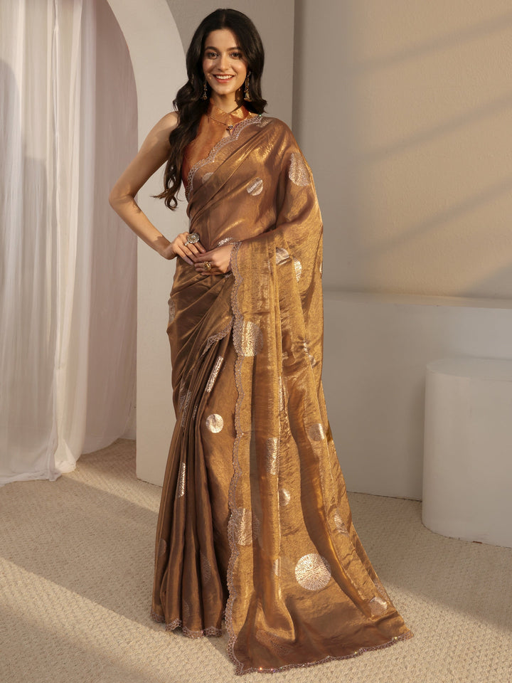 Libas Golden Foil Print Tissue Saree With Unstiched Blouse Piece