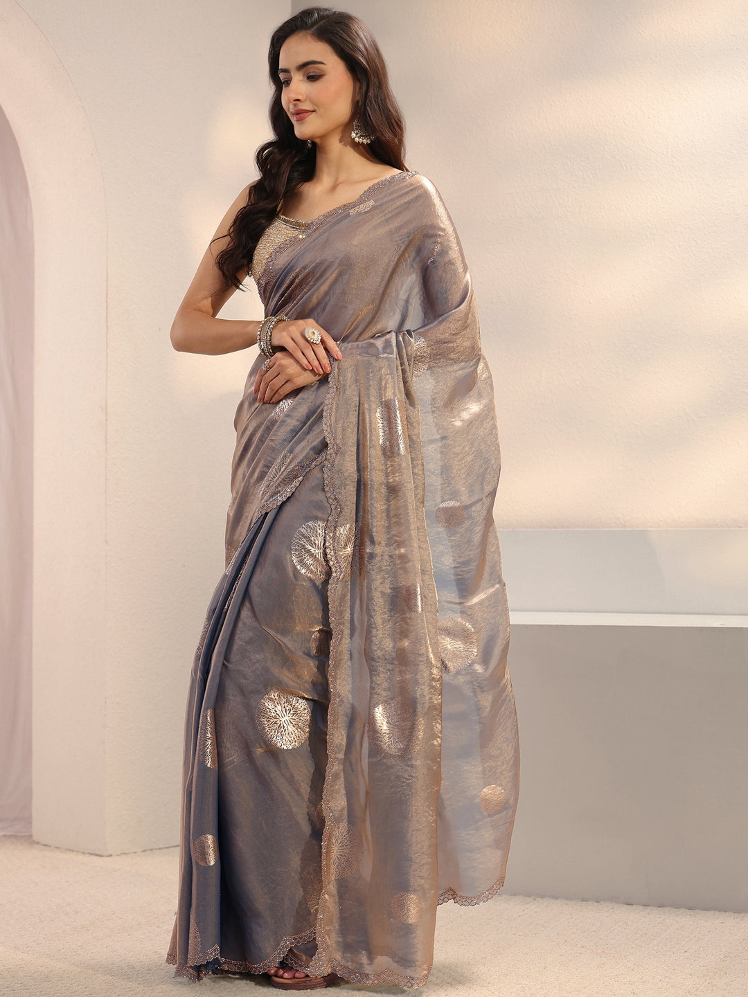 Blue Geometric Printed Tissue Saree With Unstitched Blouse Piece