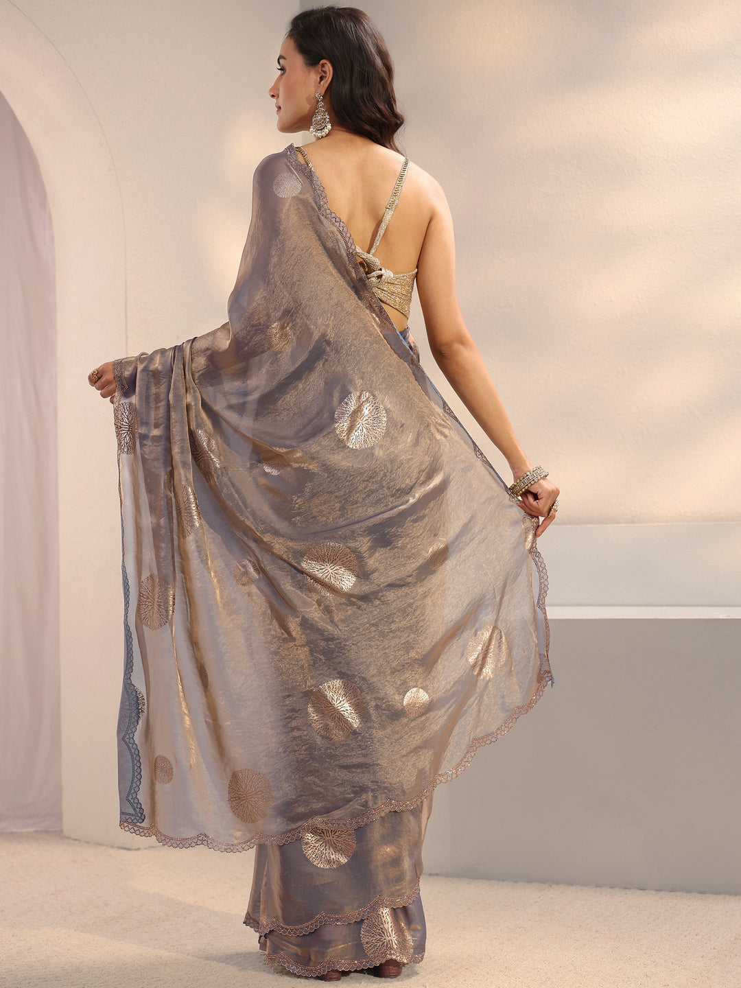 Blue Geometric Printed Tissue Saree With Unstitched Blouse Piece