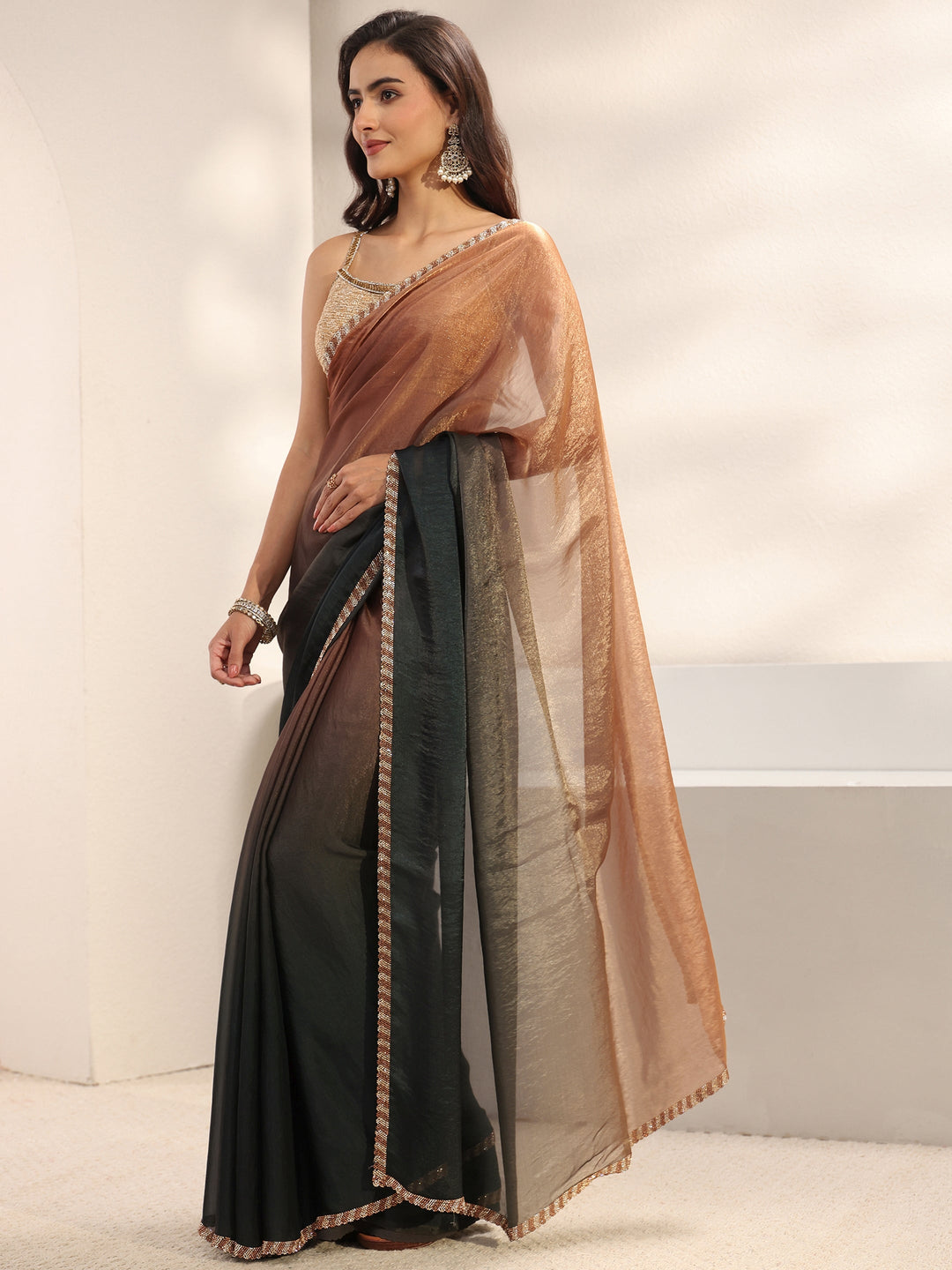 Green Embellished Border Ombre Tissue Saree With Unstitched Blouse Piece