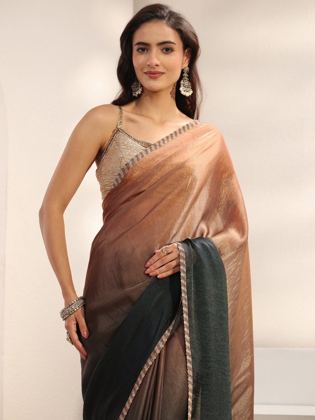 Green Embellished Border Ombre Tissue Saree With Unstitched Blouse Piece