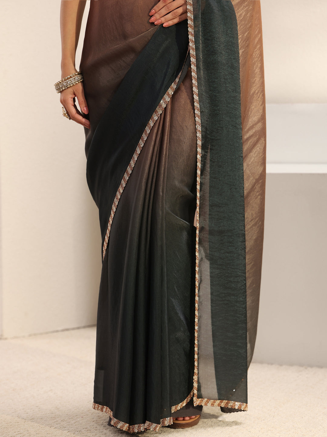 Green Embellished Border Ombre Tissue Saree With Unstitched Blouse Piece