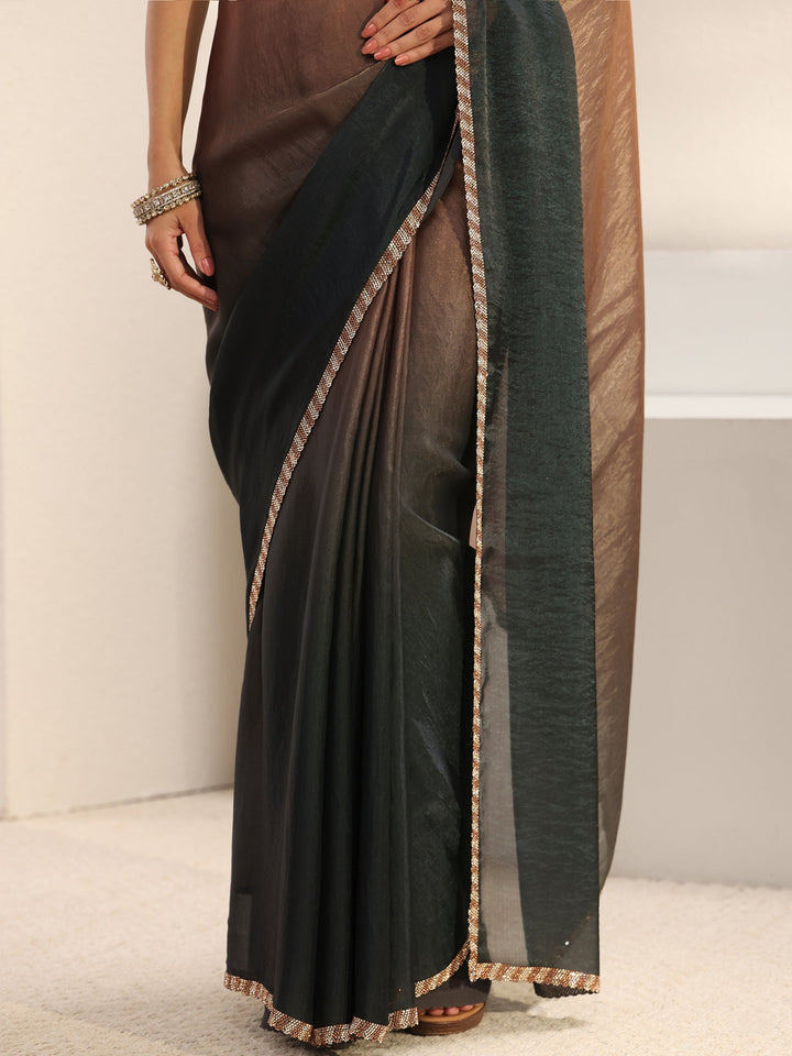 Green Embellished Border Ombre Tissue Saree With Unstitched Blouse Piece