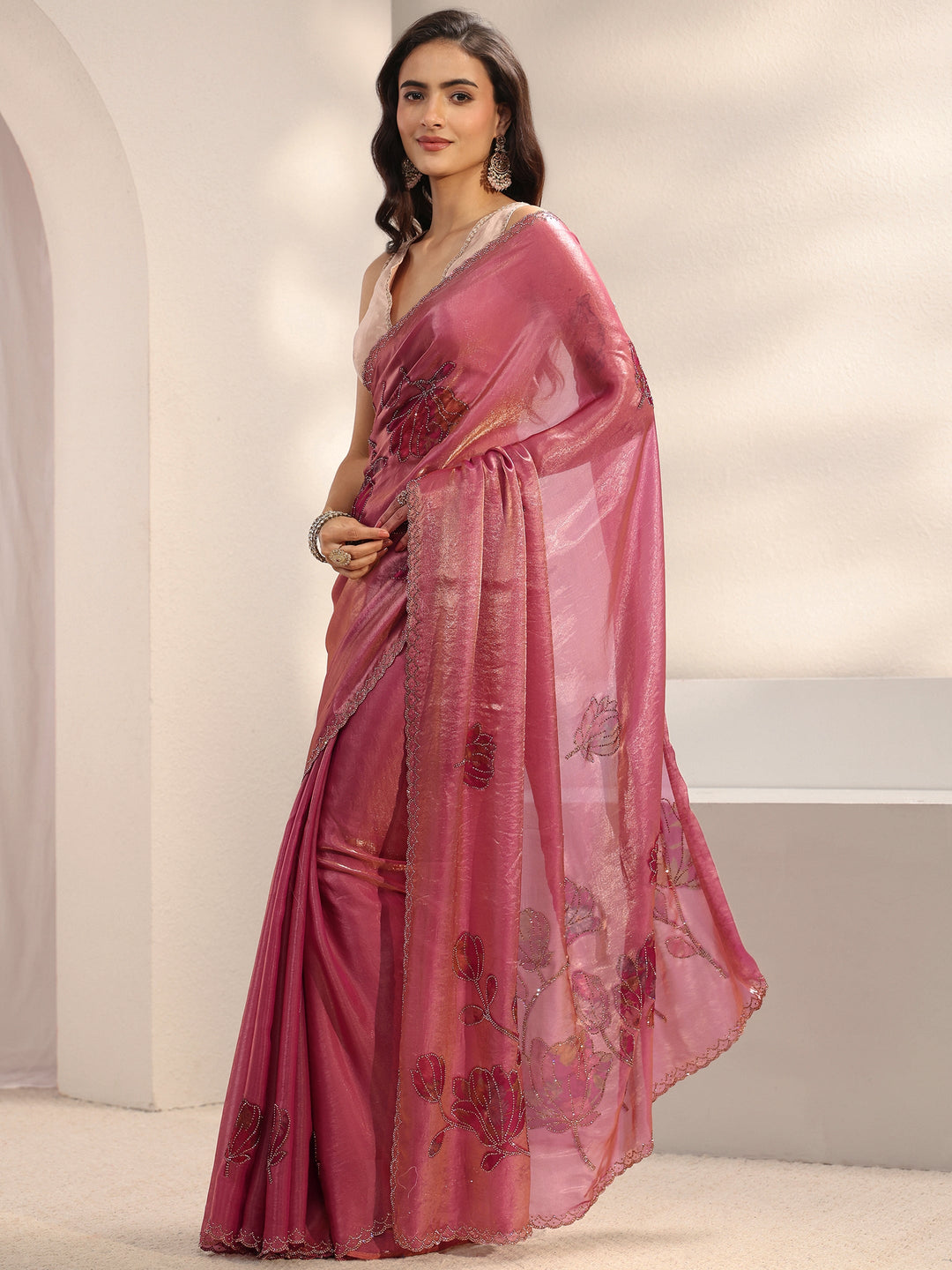 Libas Pink Floral Embellished Tissue Saree With Unstitched Blouse Piece