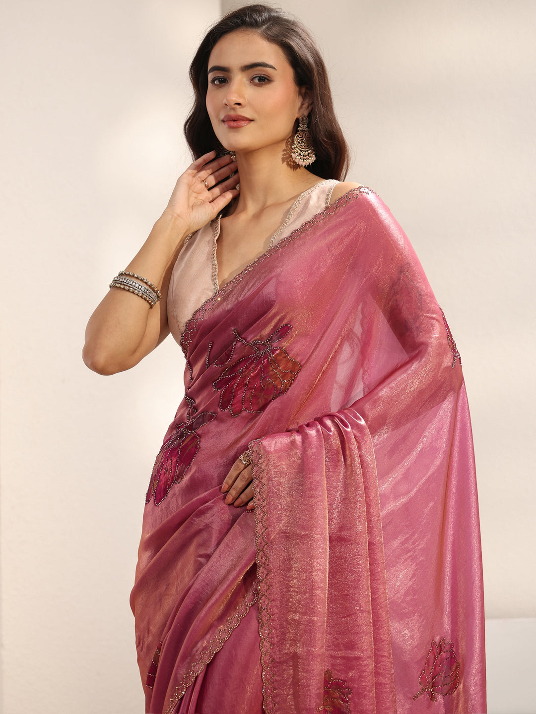 Libas Pink Floral Embellished Tissue Saree With Unstitched Blouse Piece