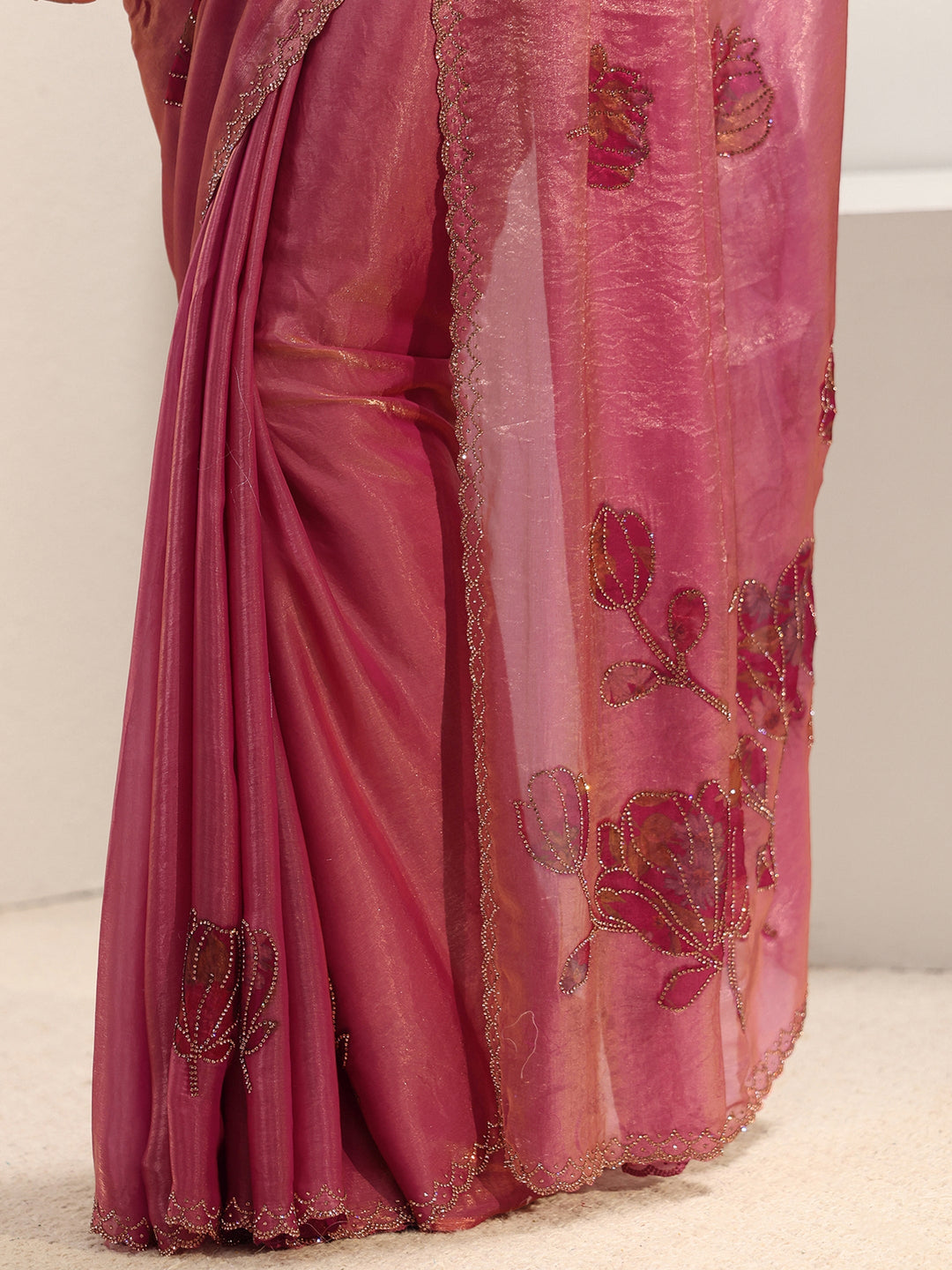 Libas Pink Floral Embellished Tissue Saree With Unstitched Blouse Piece