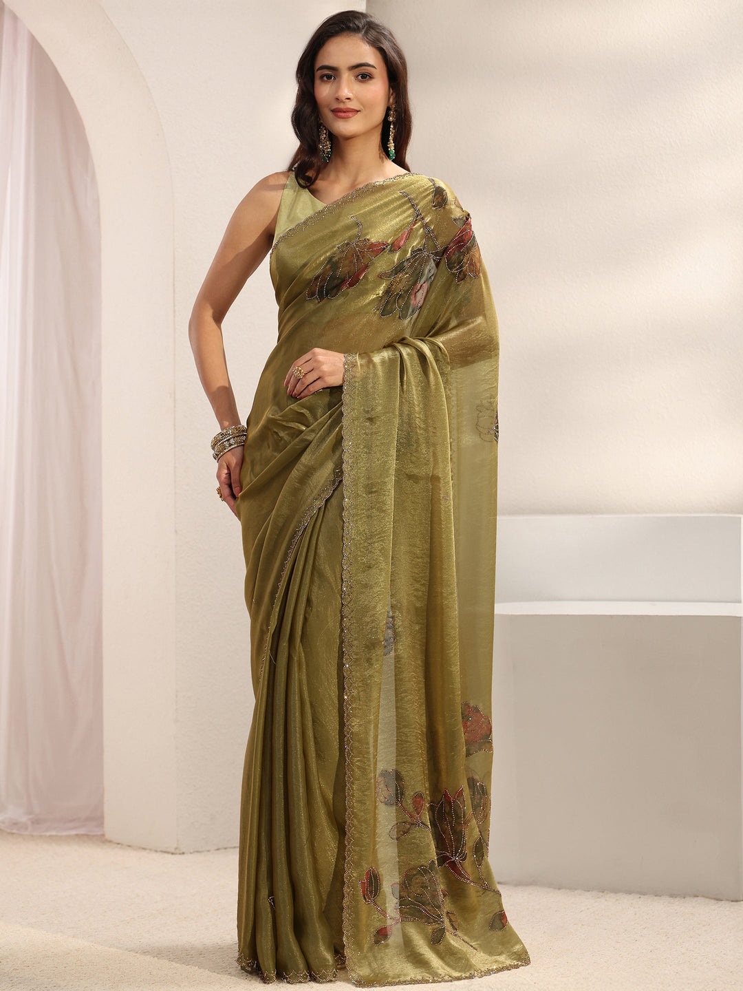 Libas Green Floral Embellished Tissue Saree With Unstitched Blouse Piece