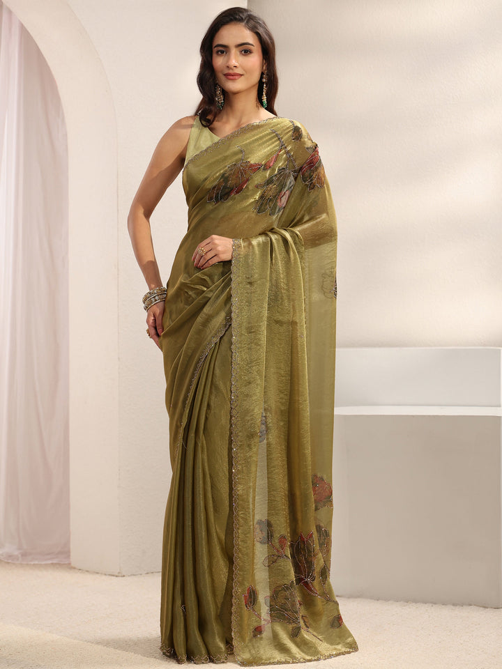 Libas Green Floral Embellished Tissue Saree With Unstitched Blouse Piece