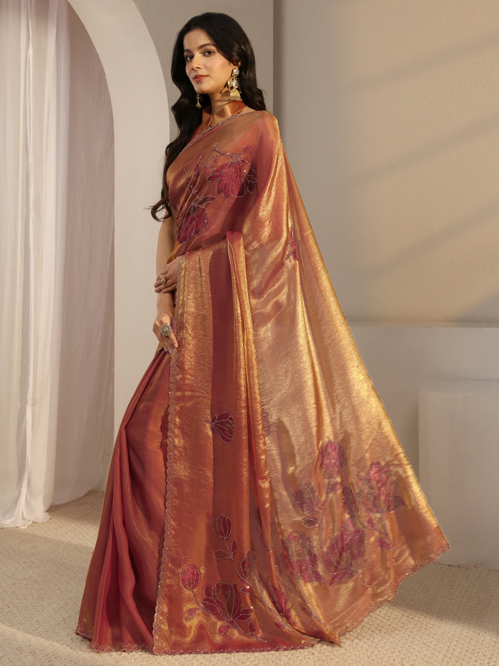 Libas Orange Embellished Tissue Saree With Unstiched Blouse Piece