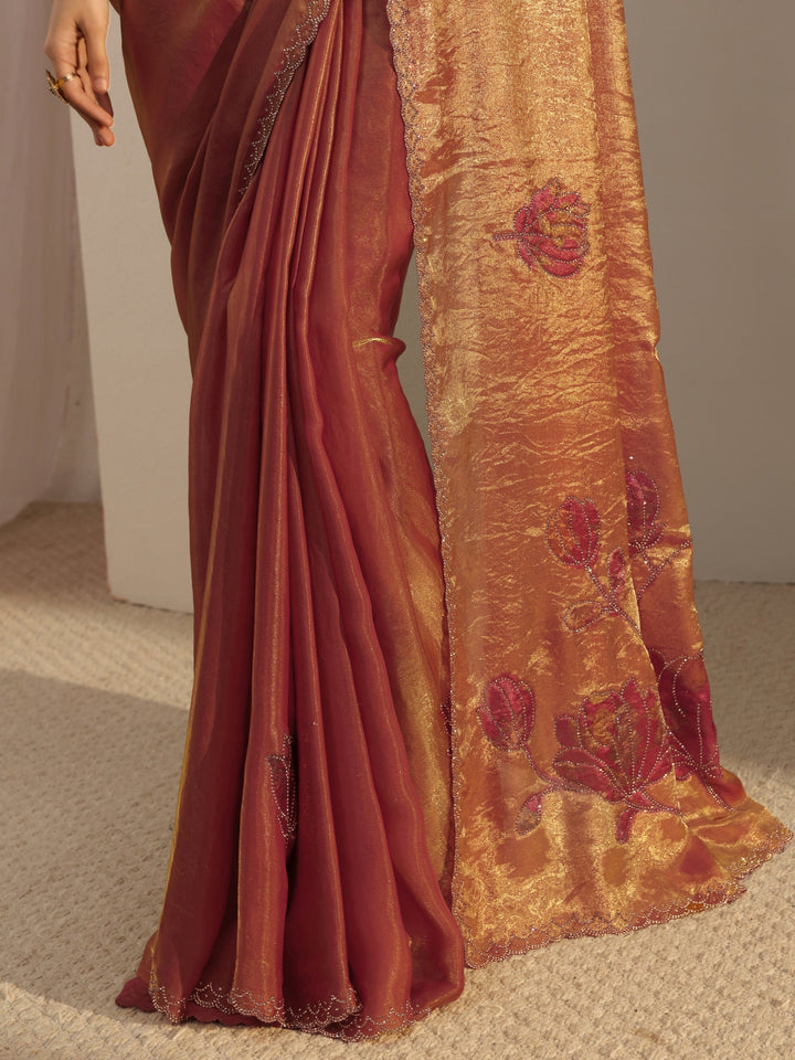 Libas Orange Embellished Tissue Saree With Unstiched Blouse Piece