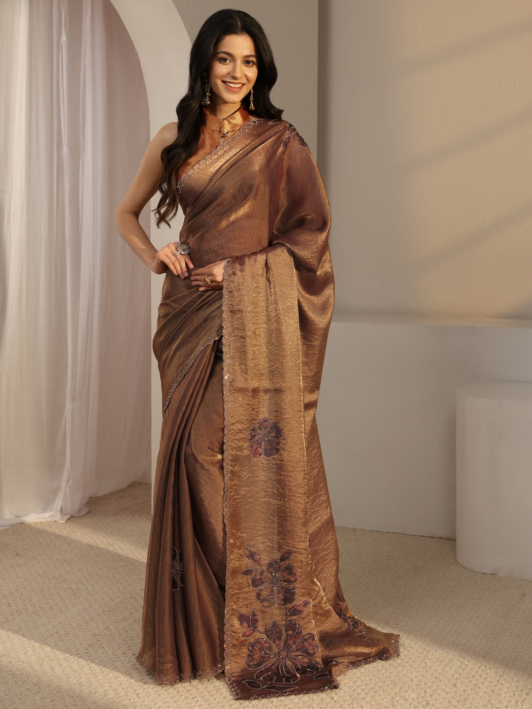 Libas Golden Embellished Tissue Saree With Unstiched Blouse Piece