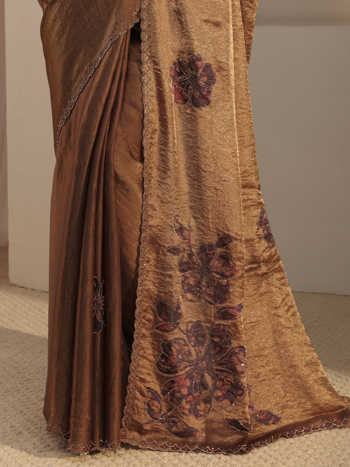 Libas Golden Embellished Tissue Saree With Unstiched Blouse Piece