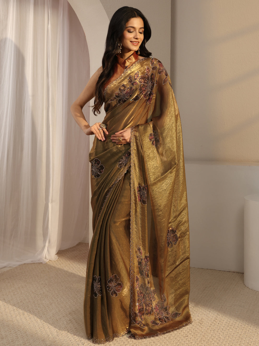 Libas Golden Embellished Tissue Saree With Unstiched Blouse Piece