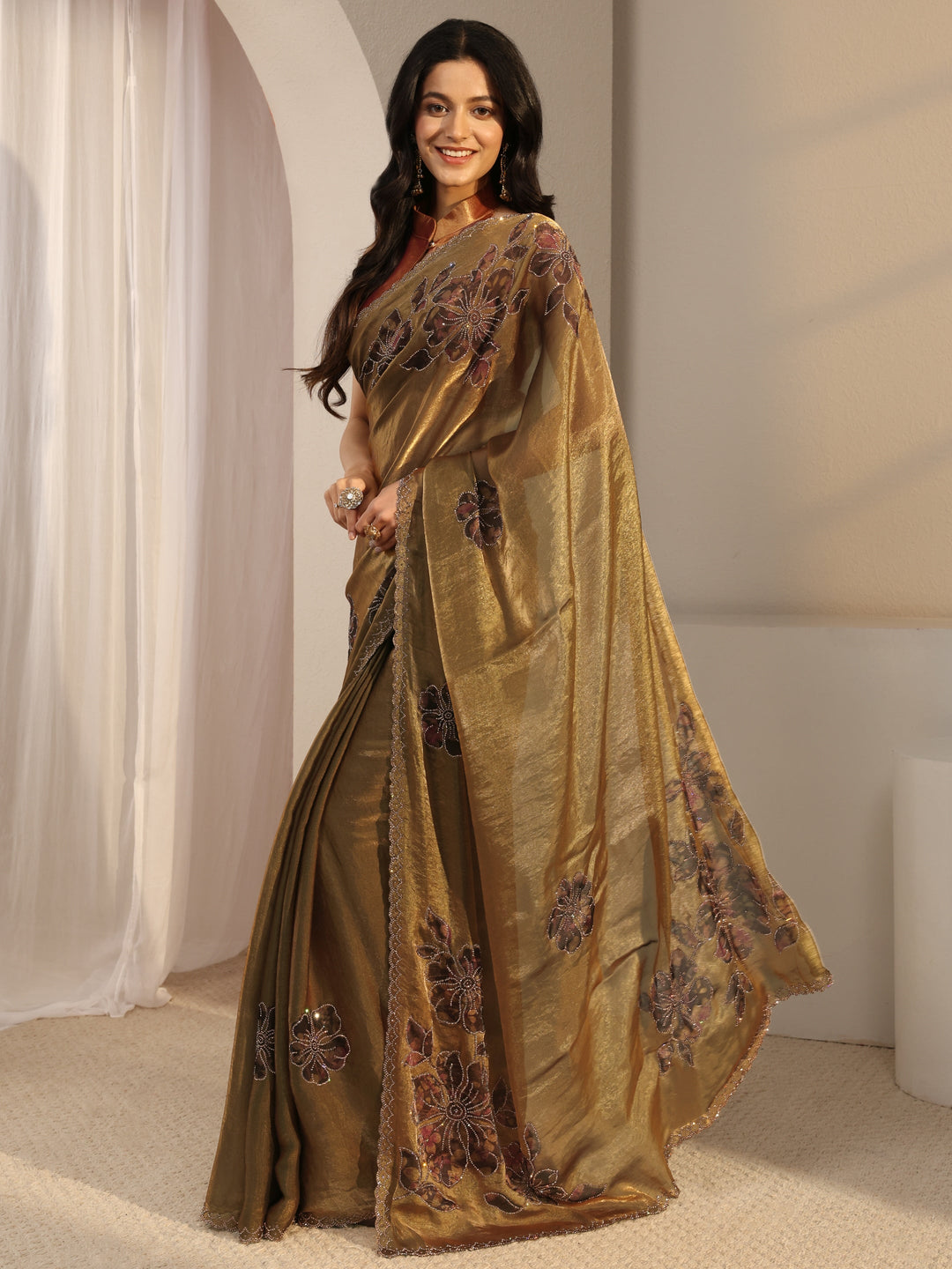 Libas Golden Embellished Tissue Saree With Unstiched Blouse Piece