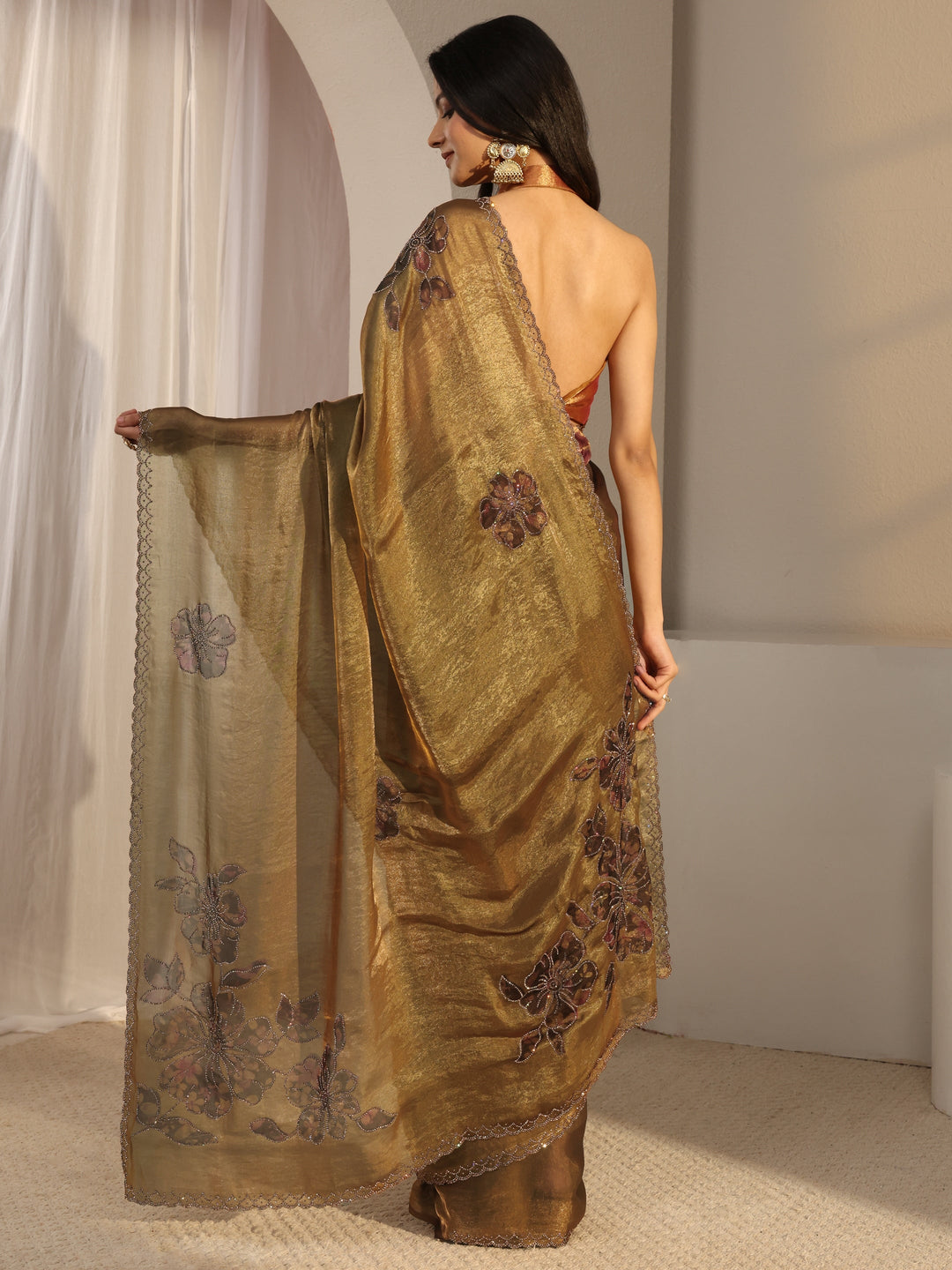 Libas Golden Embellished Tissue Saree With Unstiched Blouse Piece
